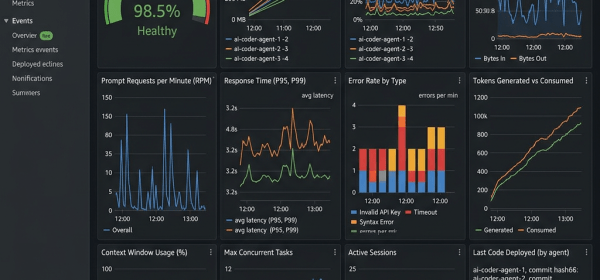 Dashboard showing various graphs and charts of AI coding agents' status, memory usage, CPU utilization, network I/O, request rates, response times, error rates, token usage, context window usage, concurrent tasks, and active sessions