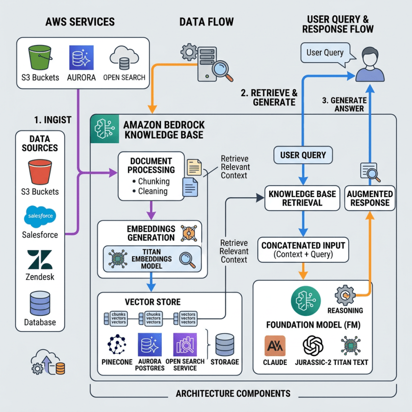 Flowchart showing Amazon Bedrock knowledge base ingesting data, processing documents, generating embeddings, storing vectors, retrieving context, and generating answers with foundation models.