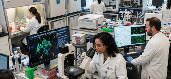 Scientists in white lab coats conducting cell research with microscopes and computers in a biomedical lab