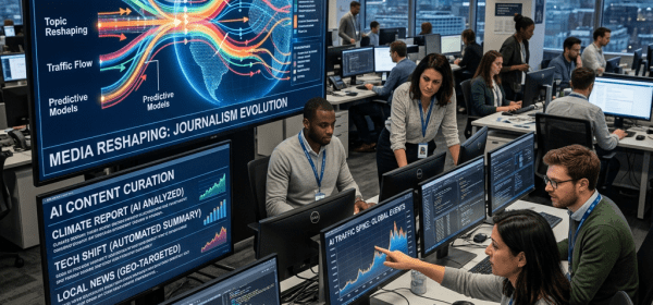 Newsroom team analyzing AI-driven data flow and content curation on multiple computer screens