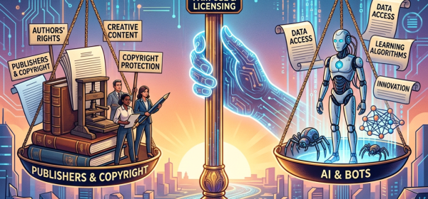 Scales balancing publishers' copyright elements and AI bots with fair use and licensing in digital ecosystem