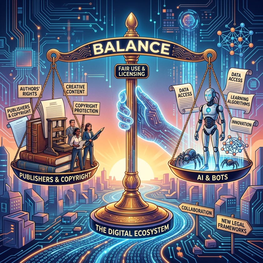 Scales balancing publishers' copyright elements and AI bots with fair use and licensing in digital ecosystem