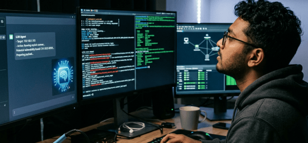 Man working at computer with multiple screens showing code and network diagrams
