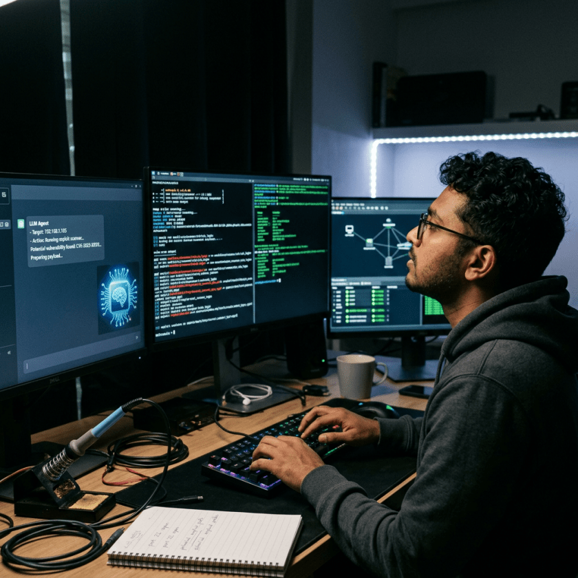Man working at computer with multiple screens showing code and network diagrams