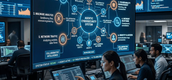 Team working at computers in cybersecurity operations center with AI network screens