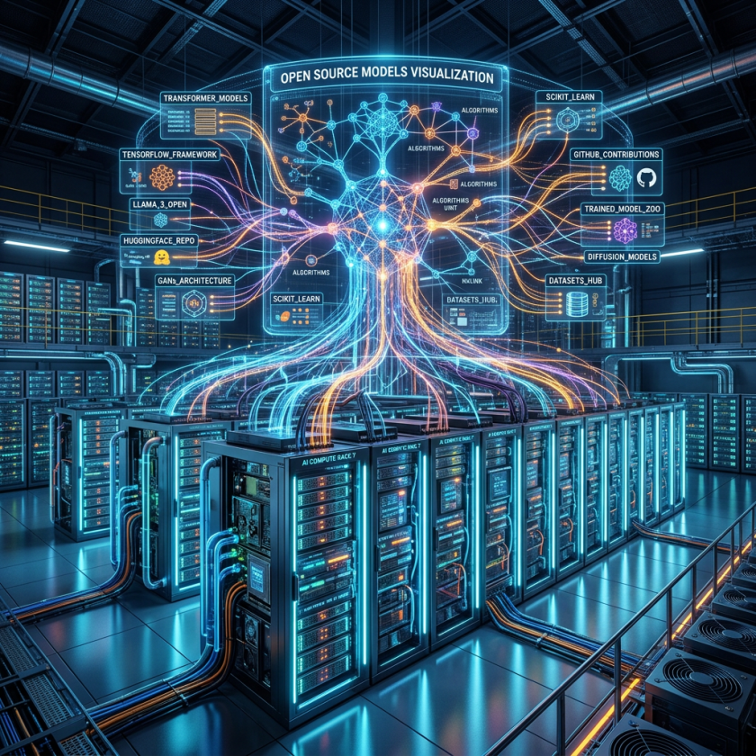 Digital visualization of open source AI models interconnected with data center servers