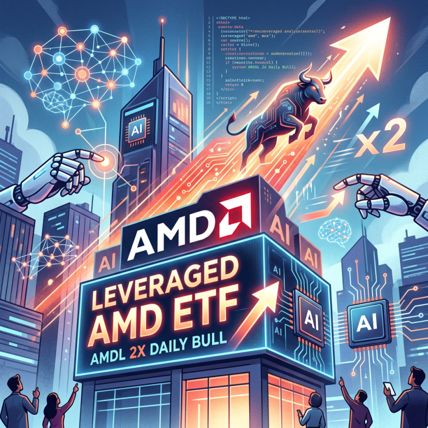 Digital illustration of AMD leveraged ETF with AI and bull symbol showing growth