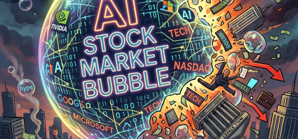 Illustration of AI stock market bubble bursting with investors falling and tech logos like Nvidia, Microsoft, and Google