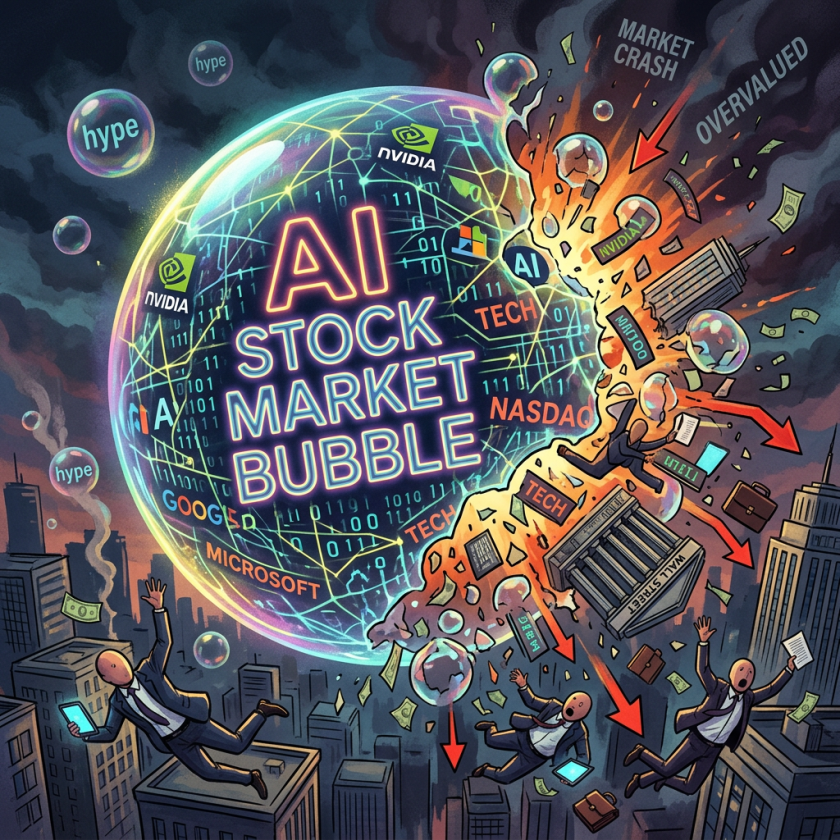 Illustration of AI stock market bubble bursting with investors falling and tech logos like Nvidia, Microsoft, and Google