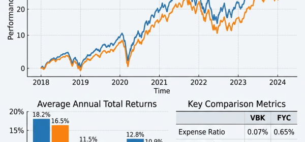 Line chart comparing VBK and FYC small-cap growth ETF performance from 2018 to 2024 with bar chart of average annual returns and table of key metrics