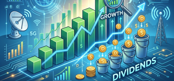 Illustration of telecommunications ETF growth and dividend concepts with bar charts, upward arrows, coins, satellite and signal towers