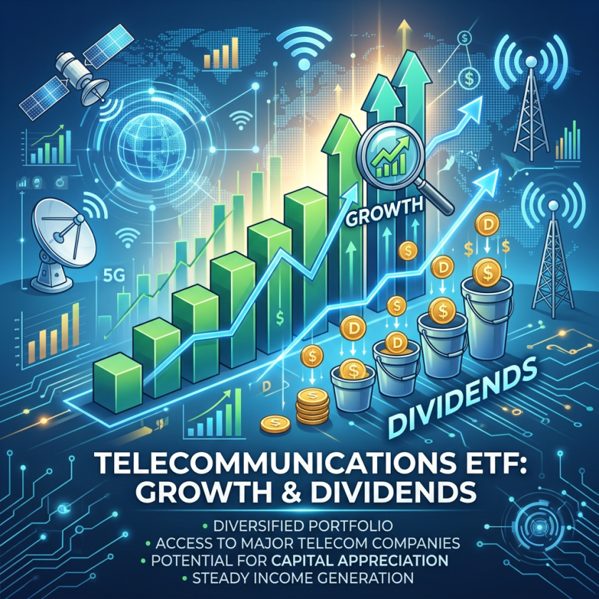 Illustration of telecommunications ETF growth and dividend concepts with bar charts, upward arrows, coins, satellite and signal towers