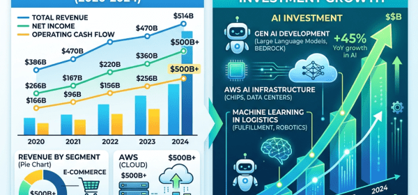 Graph showing Amazon's total revenue, net income, and operating cash flow from 2020 to 2024 with AI investment growth details