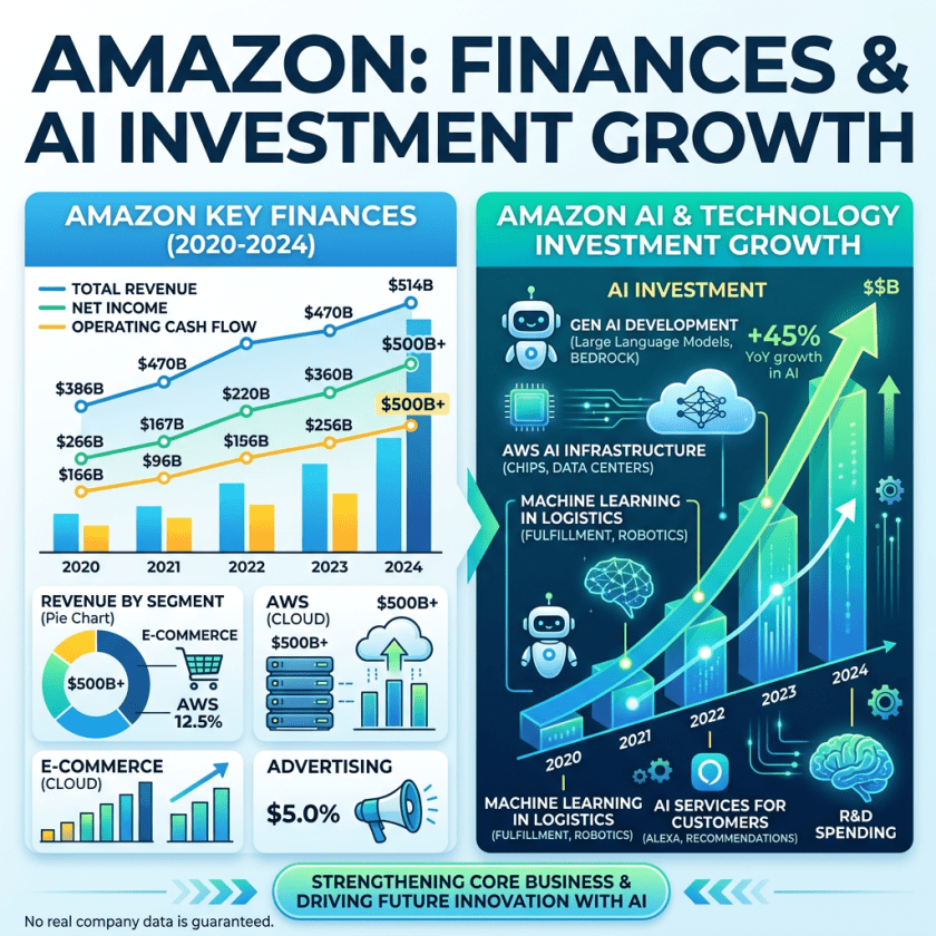 Graph showing Amazon's total revenue, net income, and operating cash flow from 2020 to 2024 with AI investment growth details