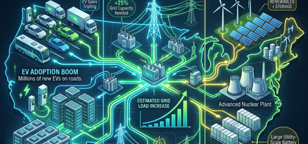 Diagram of US power grid growth showing EV adoption, data center expansion, and clean energy build-out