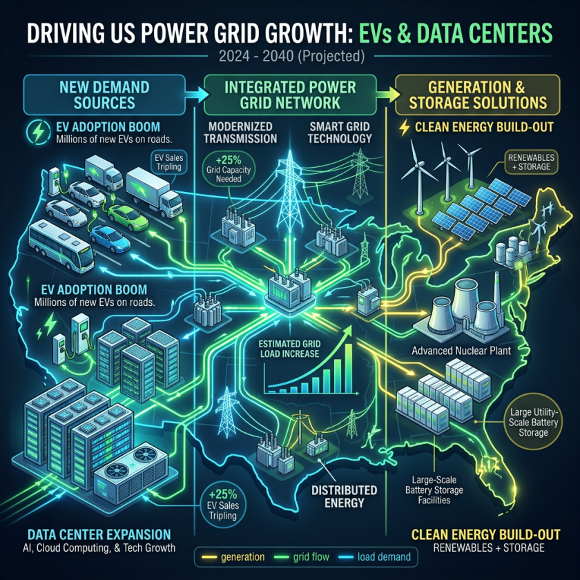 Diagram of US power grid growth showing EV adoption, data center expansion, and clean energy build-out