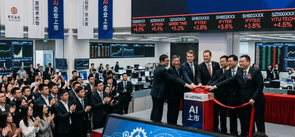 Group of executives pressing a button at a ceremony for China stock market AI firms listing