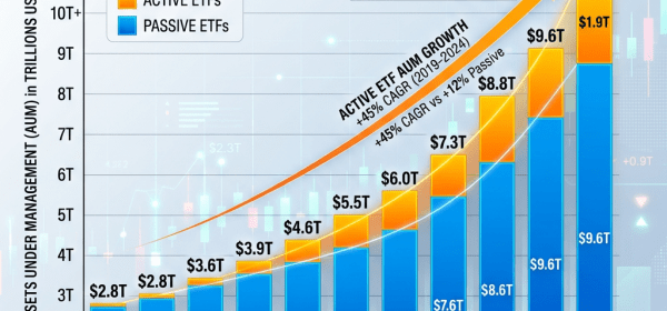 Bar chart of global active and passive ETF assets under management from 2014 to 2024