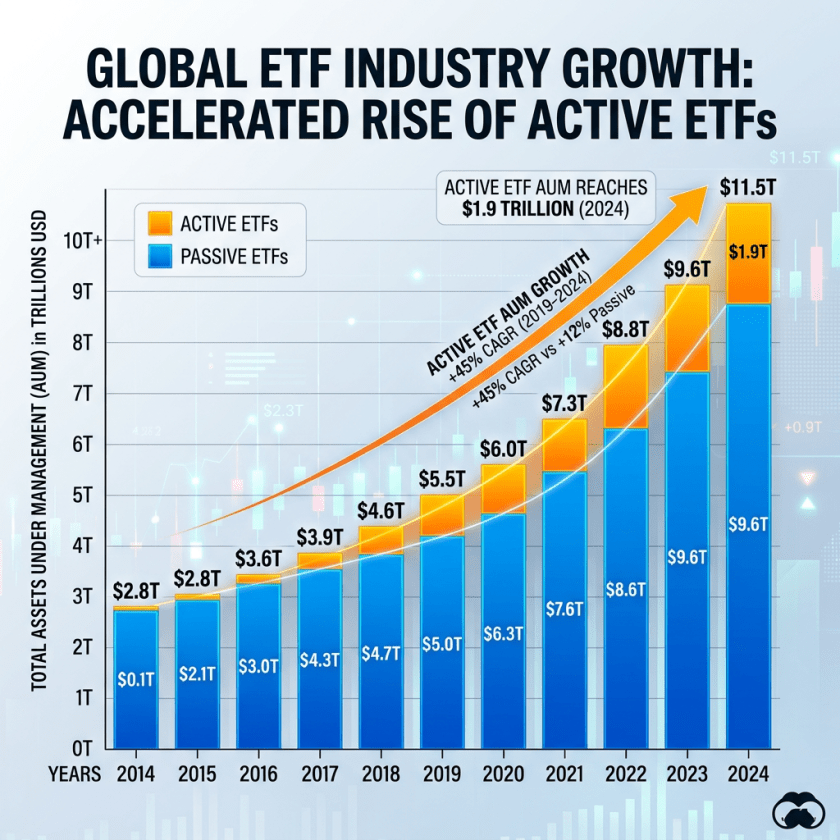 Bar chart of global active and passive ETF assets under management from 2014 to 2024