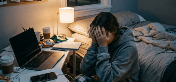 Stressed person sitting on floor by bed with head in hands in a dimly lit room at night
