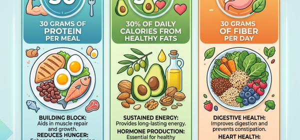 Infographic explaining triple 30 nutrition rule: 30 grams protein per meal, 30% calories from healthy fats, 30 grams fiber per day.