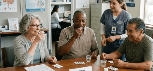 Three adults sitting at a table taking medication with water during a study check-in observed by a nurse