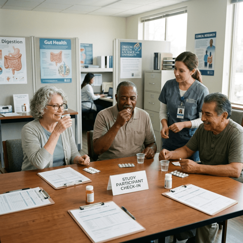 Three adults sitting at a table taking medication with water during a study check-in observed by a nurse