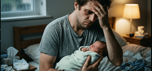 Tired man holding a swaddled newborn baby in a bedroom with a lamp on and rain outside