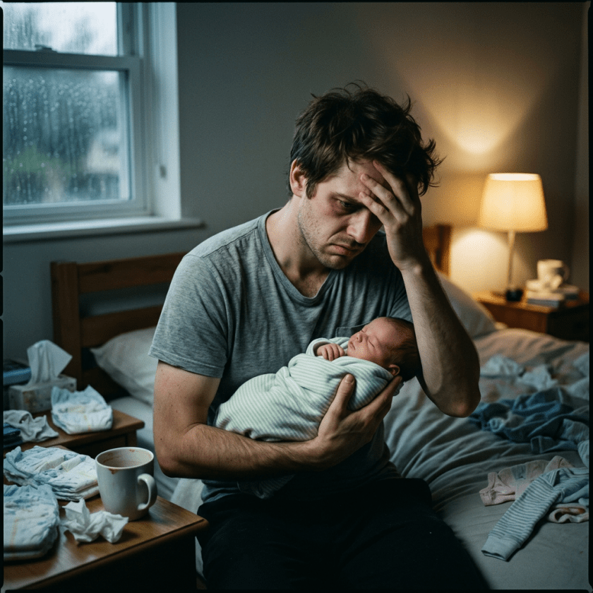 Tired man holding a swaddled newborn baby in a bedroom with a lamp on and rain outside