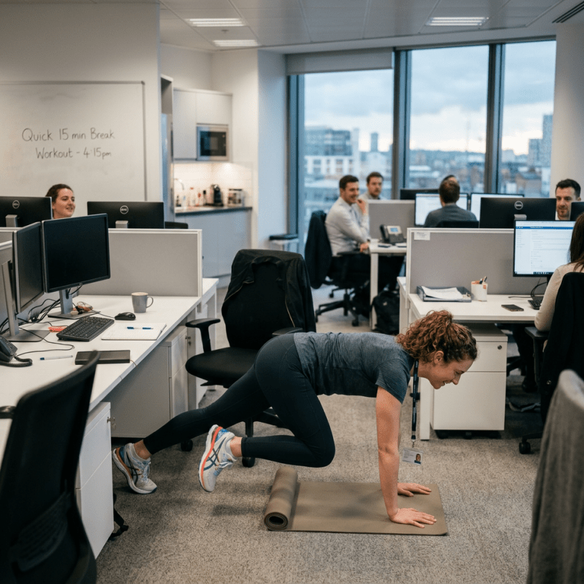 Woman performing a plank exercise on a yoga mat in an office workspace
