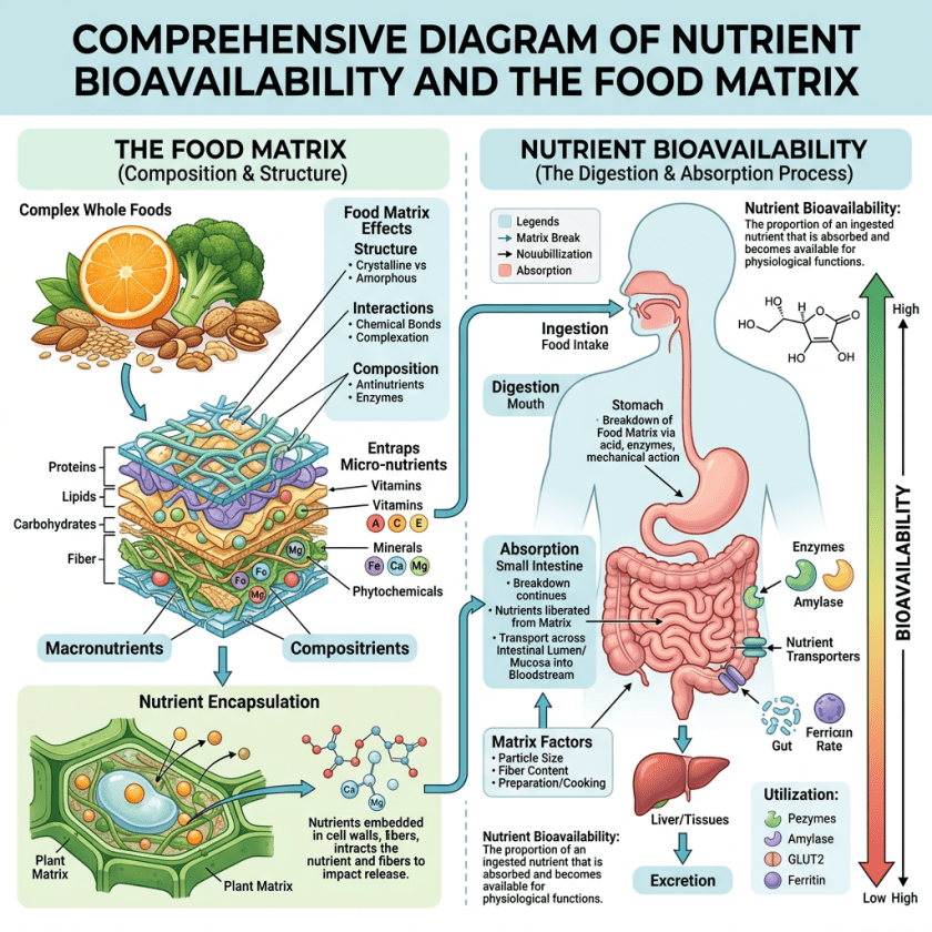 Diagram showing food matrix structure, nutrient encapsulation, and nutrient bioavailability during digestion