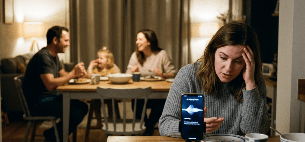 Woman sitting alone at table talking to AI assistant on smartphone while family eats in background