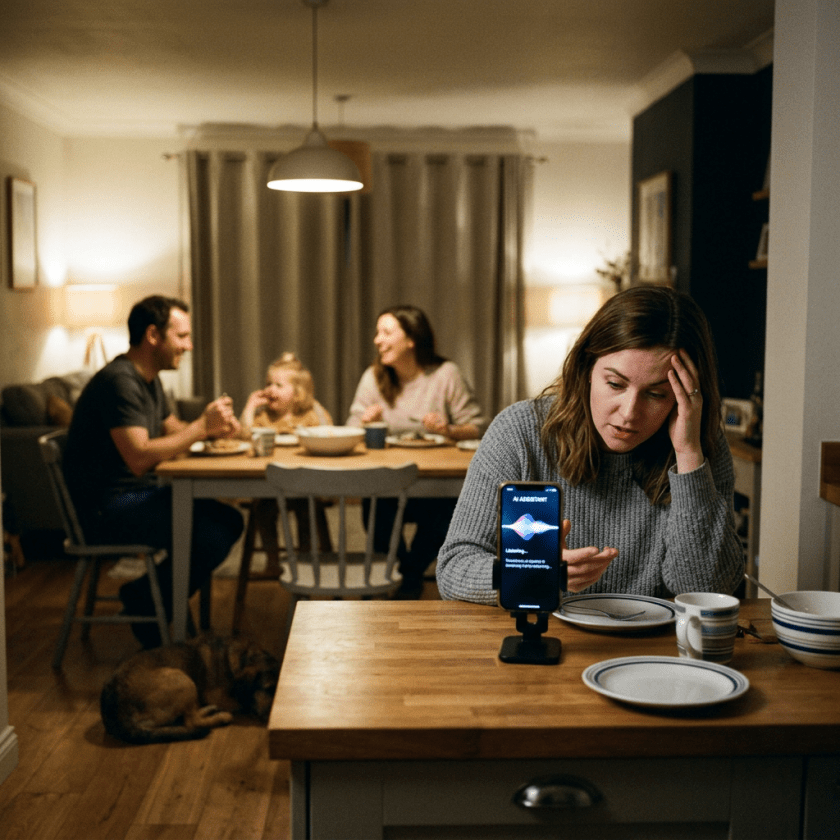 Woman sitting alone at table talking to AI assistant on smartphone while family eats in background