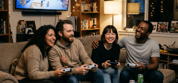 Four friends sitting on a couch playing video games and smiling