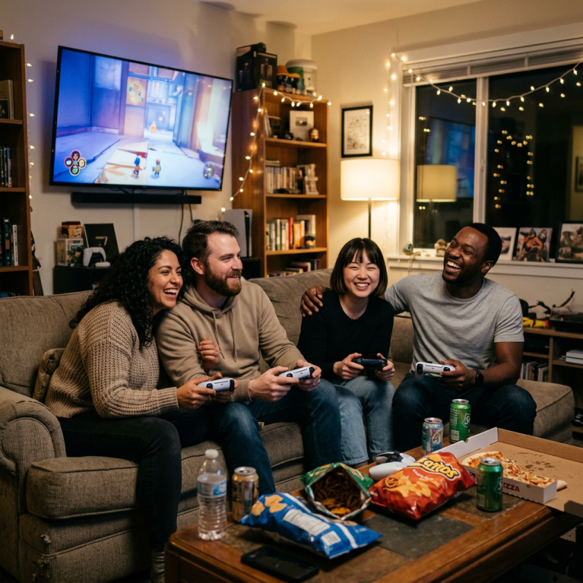 Four friends sitting on a couch playing video games and smiling