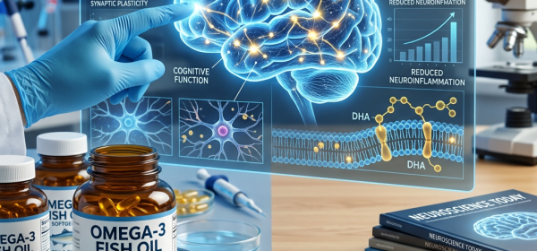 Gloved hand pointing to brain diagram highlighting cognitive function and DHA accumulation with Omega-3 fish oil bottles and neuroscience books nearby