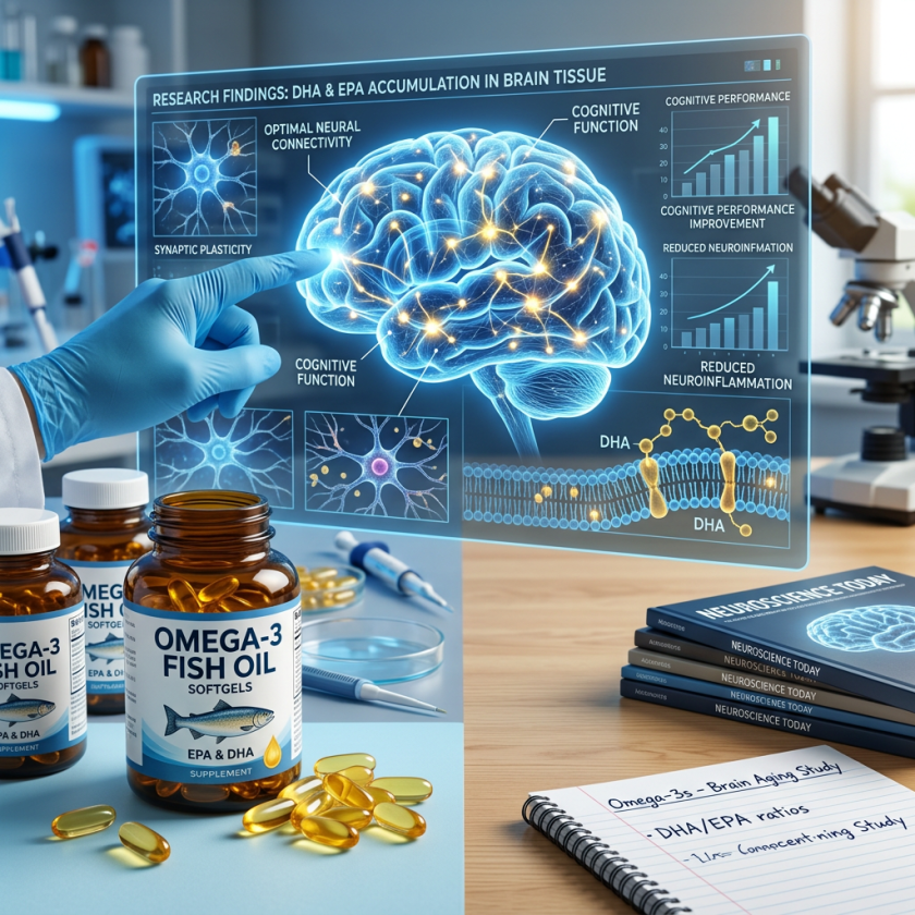 Gloved hand pointing to brain diagram highlighting cognitive function and DHA accumulation with Omega-3 fish oil bottles and neuroscience books nearby