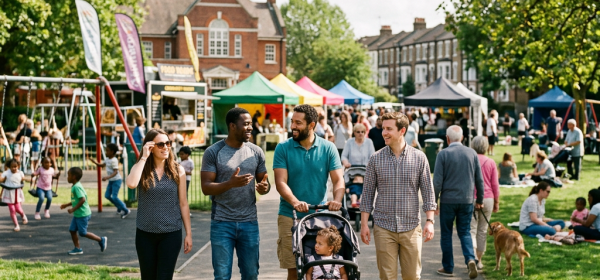 Group of four adults walking with a child in a stroller at a community park festival
