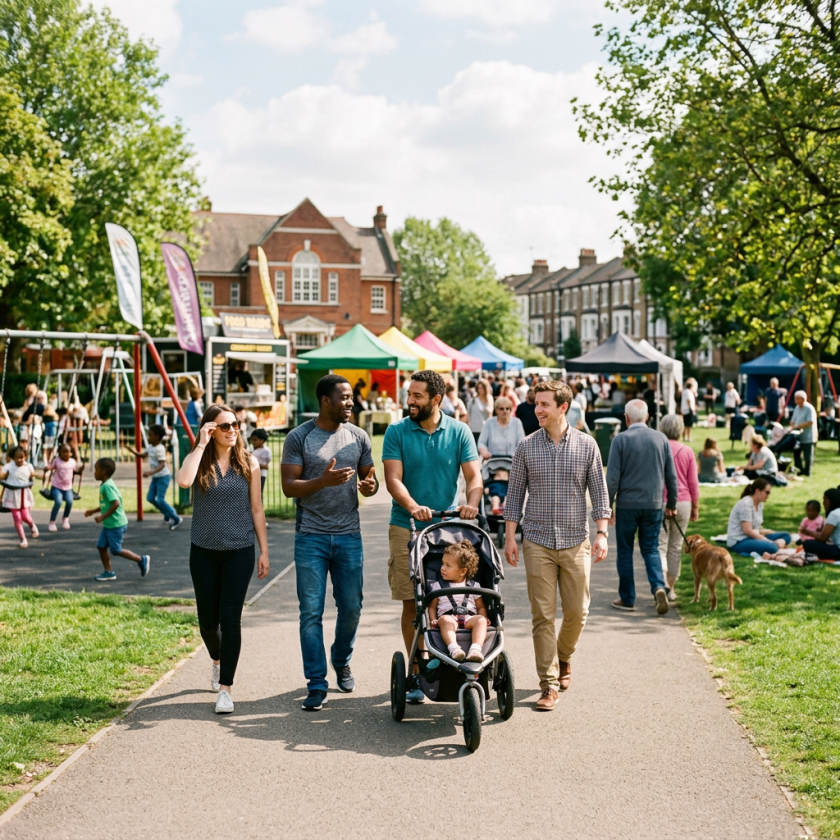 Group of four adults walking with a child in a stroller at a community park festival
