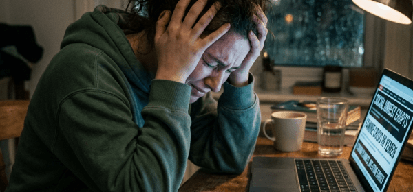 Woman stressed and holding head while reading distressing news on laptop and phone