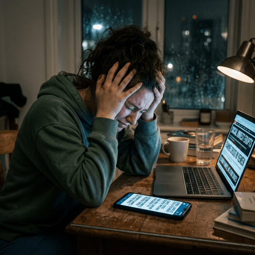 Woman stressed and holding head while reading distressing news on laptop and phone