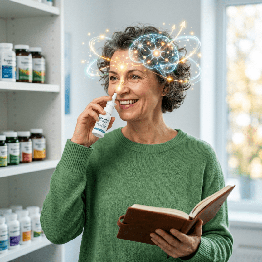 Woman applying cognitive support nasal spray while holding an open book