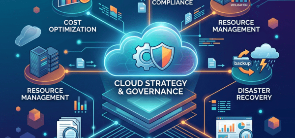Diagram of cloud strategy and governance showing cost optimization, security and compliance, resource management, disaster recovery, policies and standards, identity and access, and monitoring and logging.