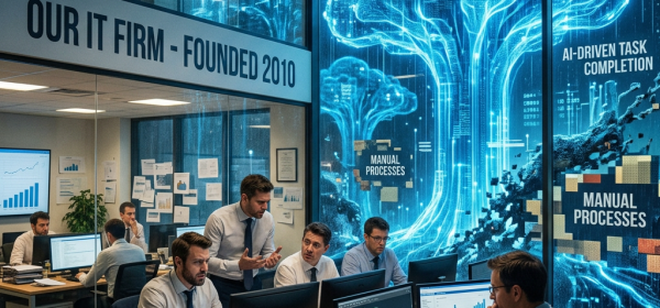 IT team working at computers with a digital visualization of AI growth and automation behind them