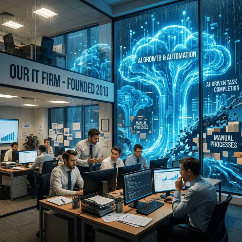 IT team working at computers with a digital visualization of AI growth and automation behind them