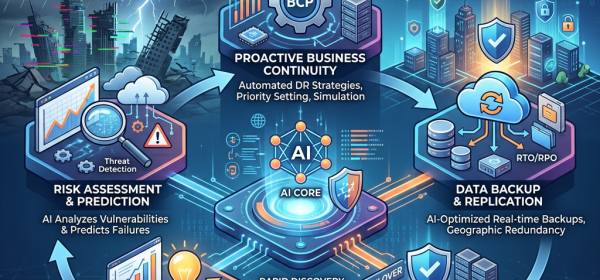 Flowchart of AI-enabled disaster recovery planning with stages risk assessment, business continuity, data backup, autonomous recovery, and optimization