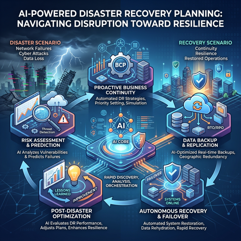 Flowchart of AI-enabled disaster recovery planning with stages risk assessment, business continuity, data backup, autonomous recovery, and optimization