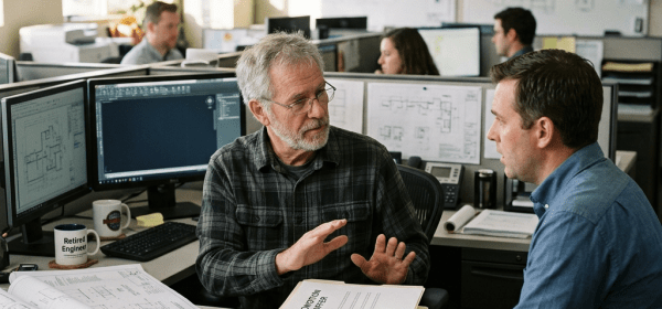 Senior engineer and colleague reviewing a promotion offer in an office cubicle