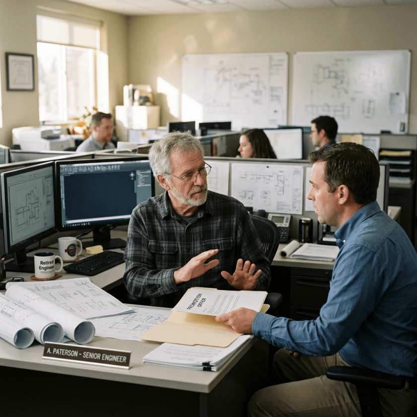Senior engineer and colleague reviewing a promotion offer in an office cubicle