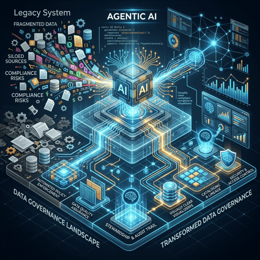 AI system converting fragmented legacy data into organized, compliant data governance
